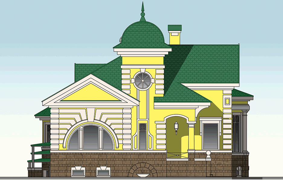 Проект двухэтажного дома в стиле барокко из керамоблока и кирпича с цокольным этажом и эркером, с размерами 12 м на 13 м - EV-19
