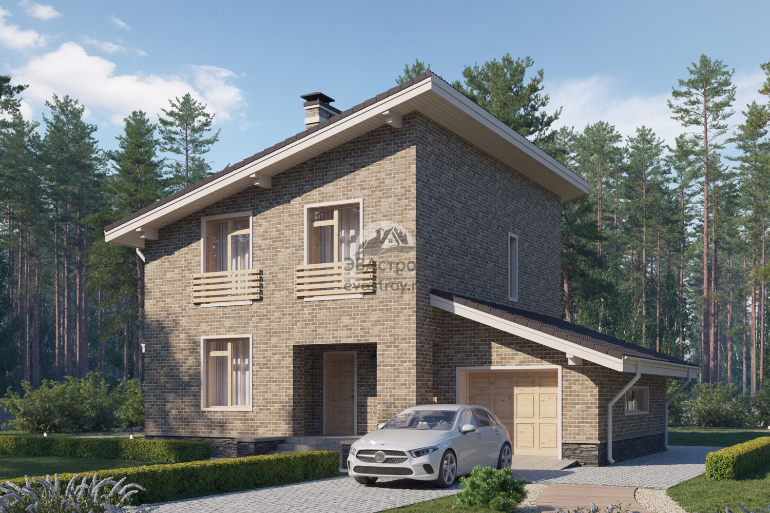 Проект двухэтажного жилого дома в европейском стиле с одноместным гаражом